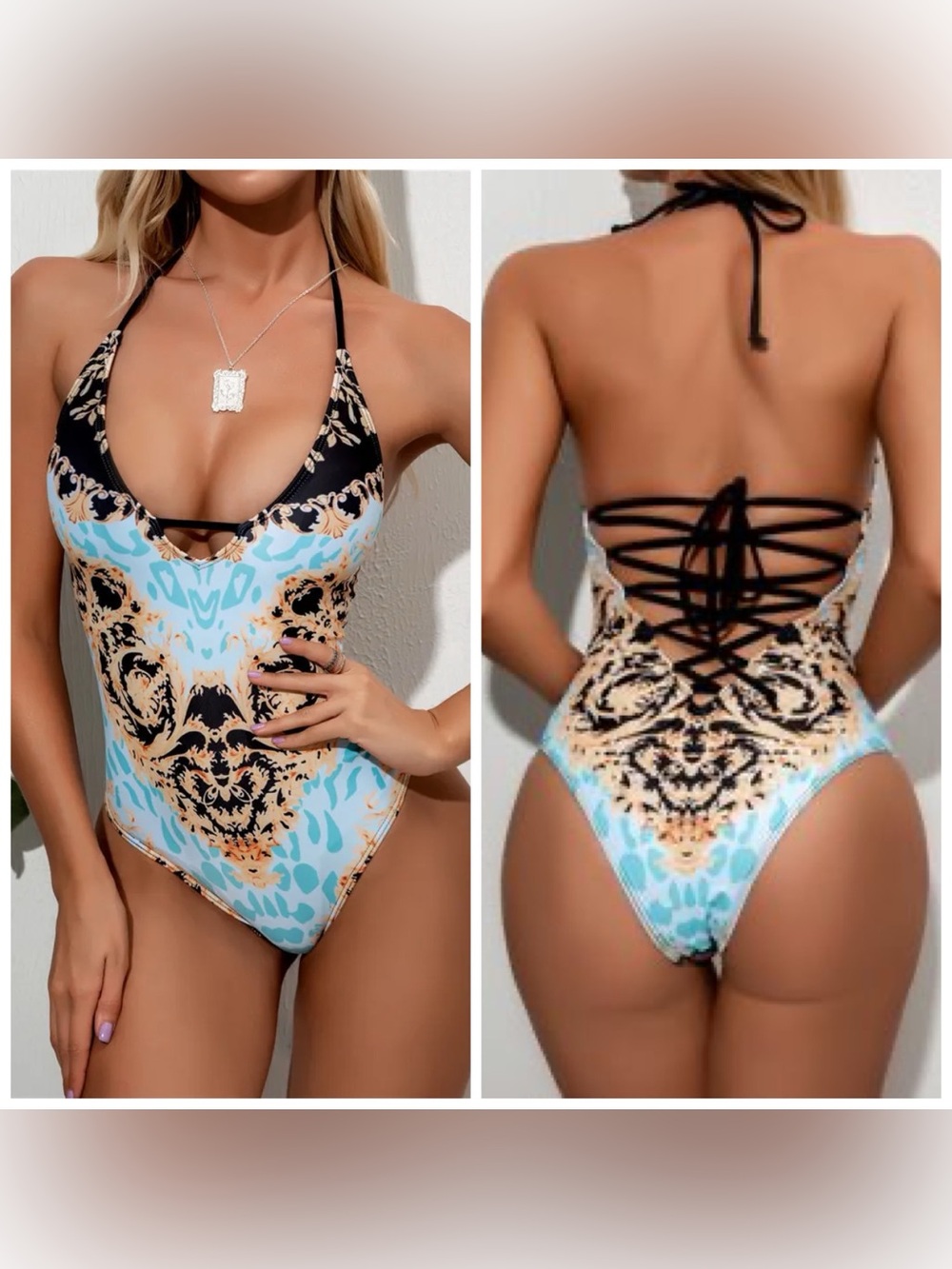 Blue and Yellow Baroque Print Halter One-Piece Swimsuit